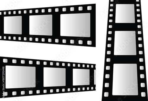 Old grunge movie film long strip set, vintage filmstrip roll frame, vector photo background. Video or movie filmstrip overlay, cinema or photograph camera long film strips collection in flat and line