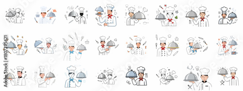 Set of professional chef illustrations holding serving domes, featuring diverse styles, uniforms, and surrounded by cooking tools and kitchen icons.