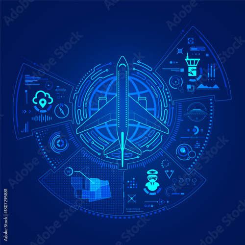 concept of aviation technology or aerospace engineering, graphic of airplane with control tower interface
