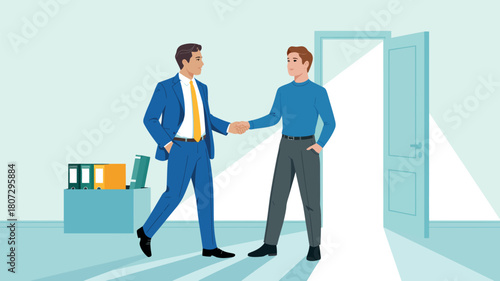 Two men in business attire shake hands in an office hallway as a door opens to a bright, welcoming space.