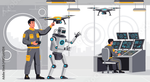 Futuristic workplace depicting human and robotic collaboration with drone surveillance technology