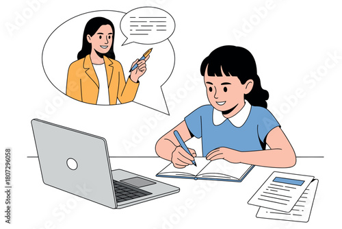 A young student diligently takes notes during an online lesson with her teacher, learning remotely from home.