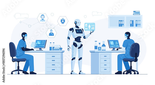 Healthcare automation concept illustrating robot assisting doctors in patient data analysis for