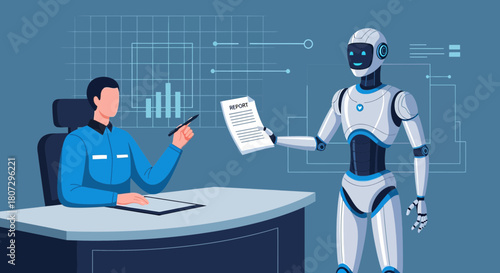 Human and AI collaboration in business analytics, depicting a report handoff for analysis
