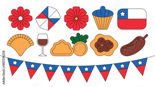 A collection of Chilean food and decorative items, including empanadas, wine, flowers, and a Chilean flag.
