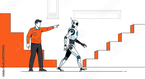 Human guiding advanced robot towards upward progress navigating the staircase to innovation