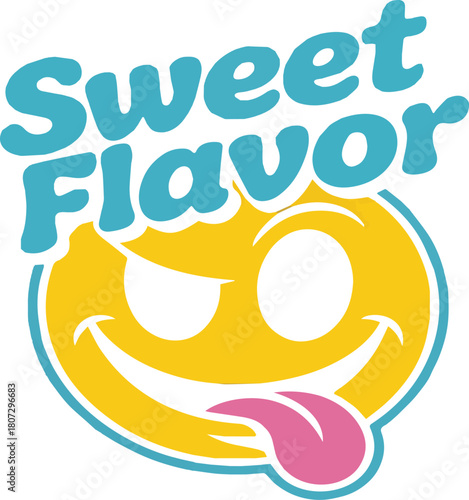 Blue text Sweet Flavor above winking yellow face with pink tongue lettering typography