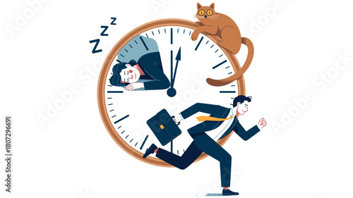 A stressed businessman rushes past a sleeping person within a giant clock face, while a cat lounges on top, symbolizing the overwhelming nature of time management and workload.