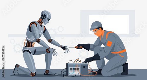 Human technician repairing advanced robot for future collaboration and innovation indoors with