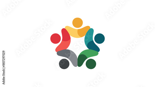 A diverse group of colorful abstract figures forms a circle of unity and collaboration, representing teamwork and community.
