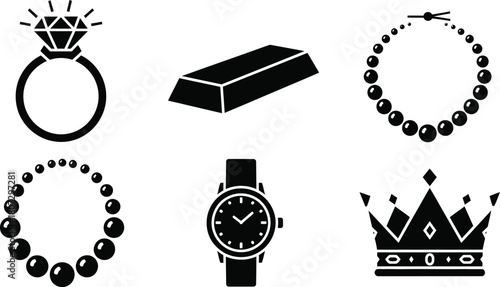 Jewelry and luxury goods glyph icon set. Vector pictograms of diamond ring, gold bar, pearl necklace, watch, crown, black sign silhouette illustration.