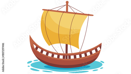 A stylized illustration of an ancient wooden sailing ship with a large yellow sail gliding through blue water.