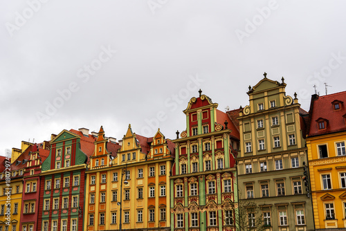 View of historic buildings on the Great Square in Wrocław, Poland.