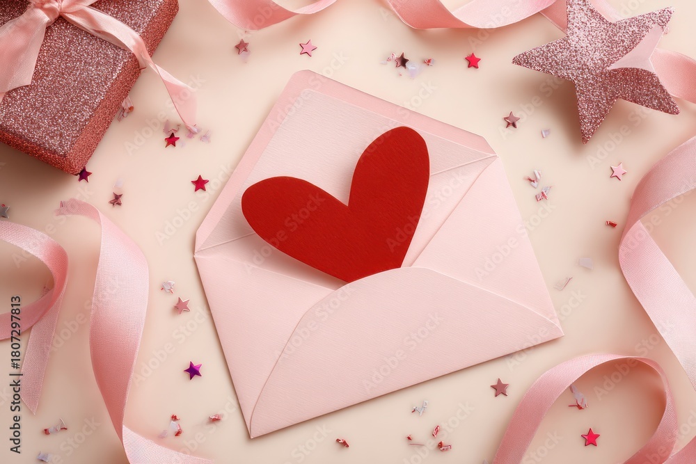 Naklejka premium Valentine Heart Envelope With Pink Ribboned Gift, Romantic Greeting Card, Red Heart Inside, Pink Glitter Decor For Love and Celebration