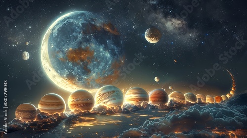 Mesmerizing cosmic landscape features a colossal glowing planet presiding over a celestial procession of radiant orbs