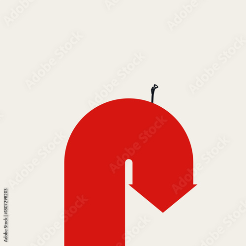 Conceptual vector illustration of financial decline and crisis. A businessman stands on top of a large red arrow curving downwards indicating a market drop.