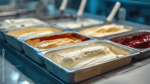 Variety of gelato flavors displayed in metal tubs at an ice cream parlor with a modern interior setting