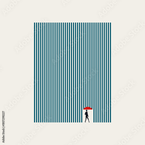 Business conceptual vector illustration of security, safety and risk management. A businessman walks with a red umbrella protecting him from falling rain or data.
