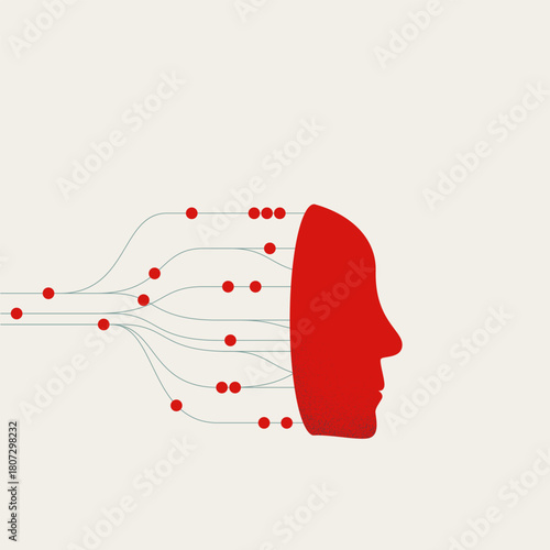 Conceptual vector illustration of AI, digital brain and neural networks. Data points and lines feeding information into a human head profile silhouette.