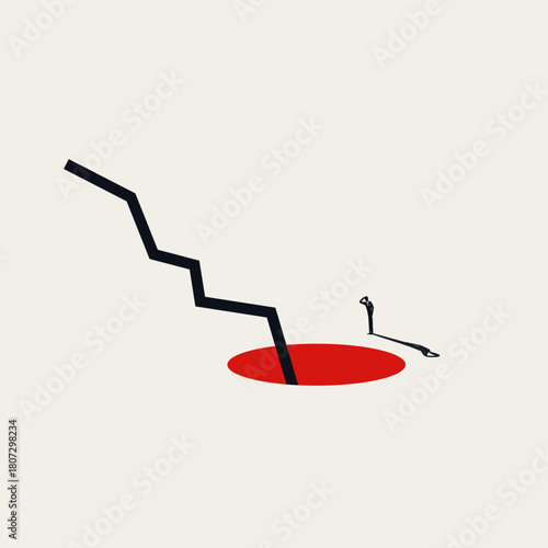 Vector conceptual illustration of financial crisis and bankruptcy. A business man looks at a declining stock market chart disappearing into a red abyss.