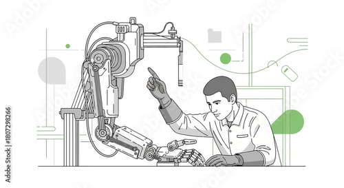 Illustrative representation of a man interacting with an advanced robotic machine