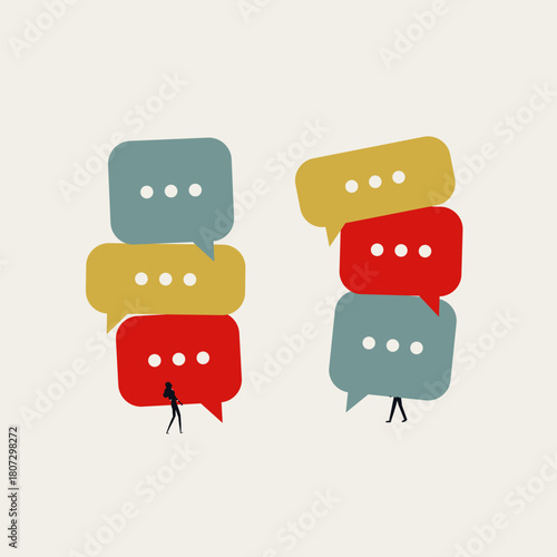 Business conceptual vector illustration of disagreement, debate or negotiation. A businessman and businesswoman carry heavy stacks of speech bubbles representing talk.