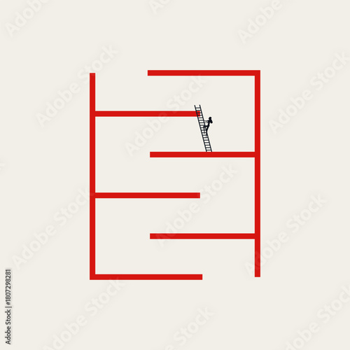 Vector illustration of ambition and promotion. A businesswoman climbs a ladder to reach the next level of success in a corporate hierarchy.
