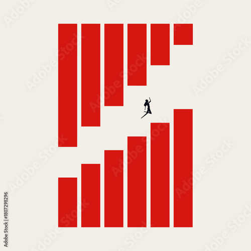 Business conceptual vector illustration of taking a risk and seizing opportunity. A businesswoman jumps from a lower graph to a rising chart of financial growth.