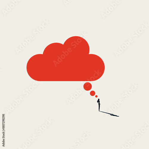 Business conceptual vector illustration of creativity and imagination. A businesswoman silhouette stands under a large red thought bubble, representing big ideas and brainstorming.