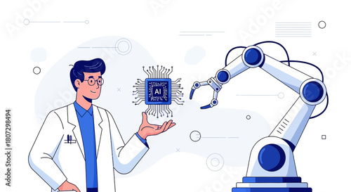 Innovation convergence expert holding ai chip with robotic arm technology illustration