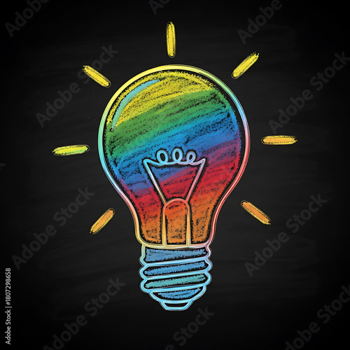 Hand-Drawn Colorful Chalk Lightbulb on Blackboard for Idea and Creativity Concept, Vibrant Vector Sketch of a Full Bulb Symbolizing Innovation and Energy, ideas, innovation, creativity, solutions.