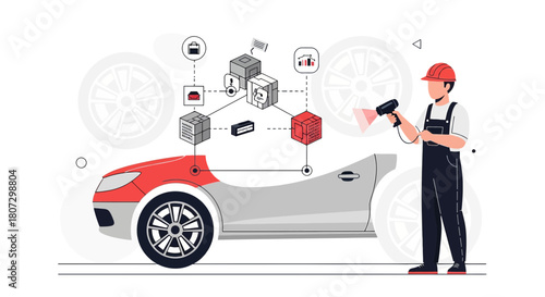 Innovative car repair process illustration featuring a technician using advanced scanning