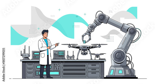 Innovative drone technology being developed by a robotics expert in a hi tech laboratory