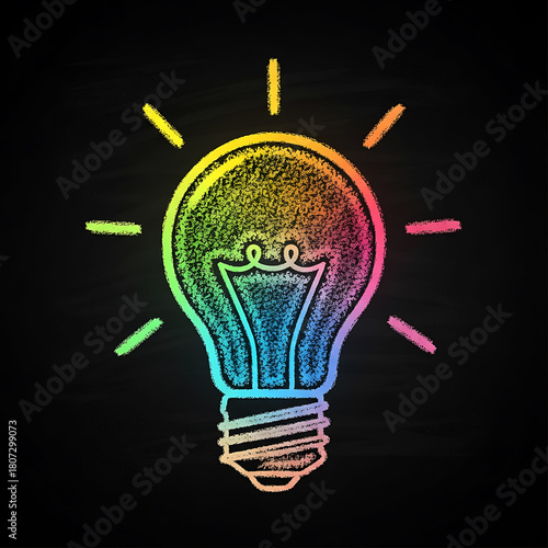 Vintage Chalkboard Graphic: Solution, Inspiration, and Brainstorming Element, Creative Doodle Illustration of a Rainbow Colored Light for Electric Power, brainstorming concepts in a playful, education