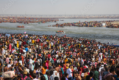 Crowds Come to the river Ganges to Bathe during the Kumbh Mela