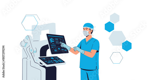 Innovative medical procedure: Surgeon utilizing advanced robotic technology for treatment assistance