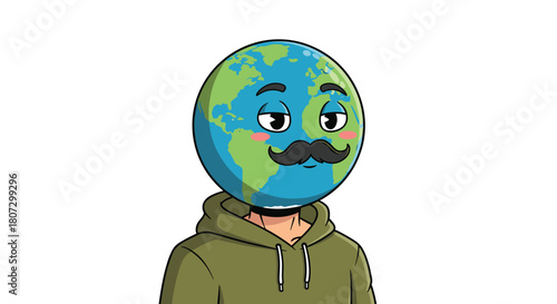 A cool animated character with planet Earth as a head a mustache and wearing a green hoodie looks around and winks.