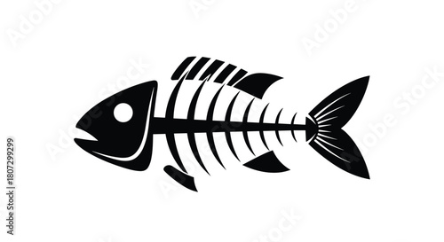 A simple black silhouette icon of a fish skeleton wiggles its tail in a clean looping animation on a white background.