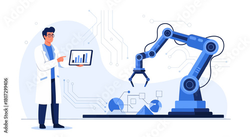 Innovative industrial automation system and data analysis represented by robotic arm and a scientist