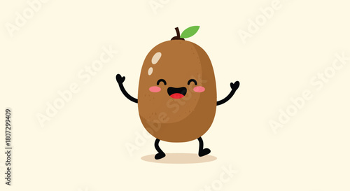 A cute and cheerful cartoon kiwi fruit character with rosy cheeks and a happy smile waves its arms excitedly in a loop.