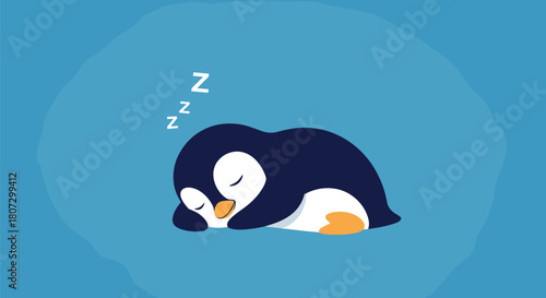 A cute cartoon penguin is sleeping peacefully and dreaming with ZZZs floating above its head in a calming looping animation.