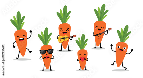 A happy collection of seven cute carrot cartoon characters dancing playing guitar and expressing love and joy on white.