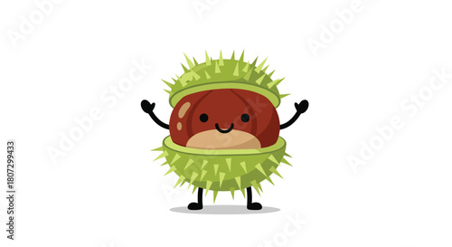A happy animated chestnut character with a cute face waves cheerfully from inside its spiky green husk on a white background.