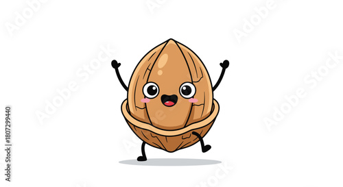 A joyful and energetic animated walnut character with a cute face happily jumps out of its shell with arms raised in excitement.