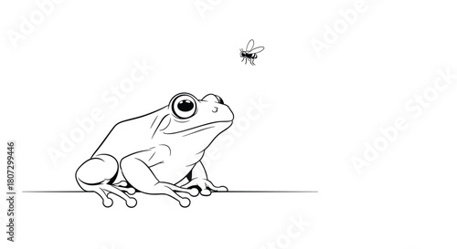 A simple black and white line art animation shows a frog patiently watching a small fly buzzing just above its head in a loop.