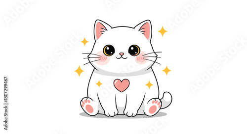 An adorable chubby white kitty with big sparkling eyes and a pink heart on its chest sits happily on a plain white background.