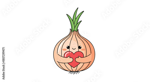 An adorable kawaii onion character with a cute smiling face is shown lovingly embracing a red heart in a looping animation.