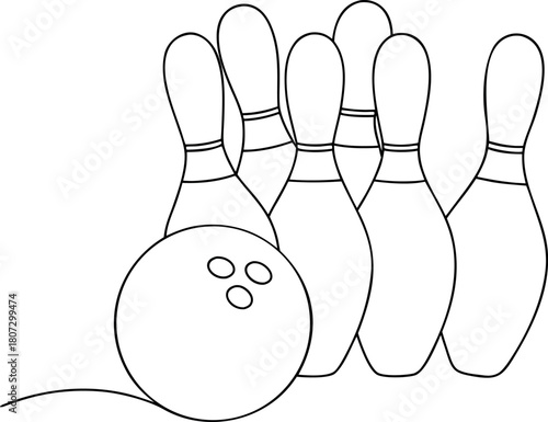 Bowling ball and pins black and white outline