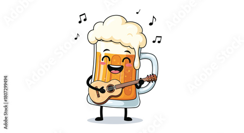 A happy cartoon beer mug character with a foamy head joyfully sings and plays a small guitar in a musical looping animation.