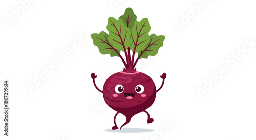 A joyful cartoon beetroot character with green leaves and a cute happy face dances energetically in a looping animation.